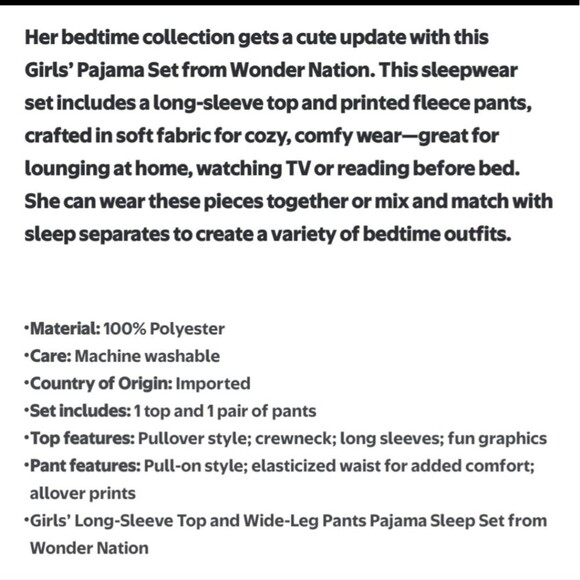 Wonder Nation Girls Long Sleeve Top and Wide Leg Pant Pajama Set, 2-Piece, SizeM - Picture 7 of 7